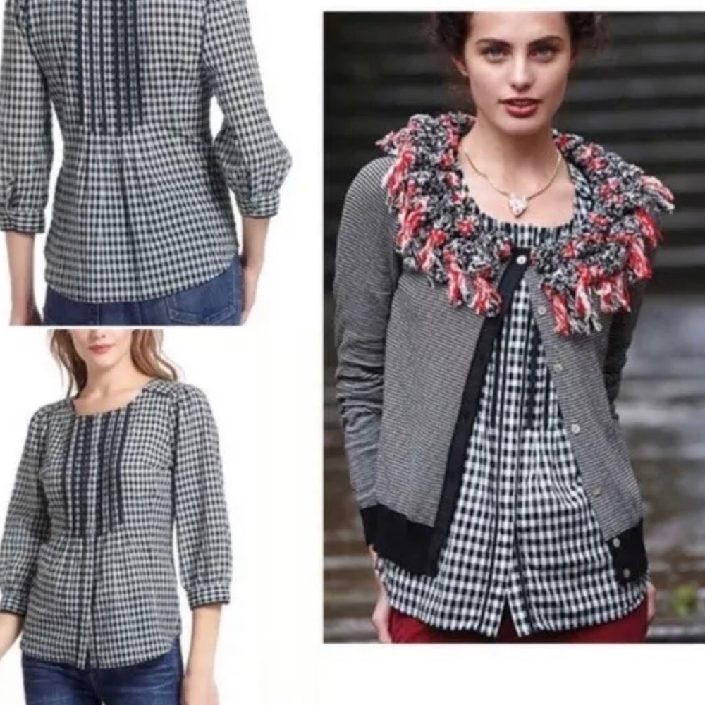 Anthropologie‎ Meadow Rue Gingham Pintuck Top Sz 6